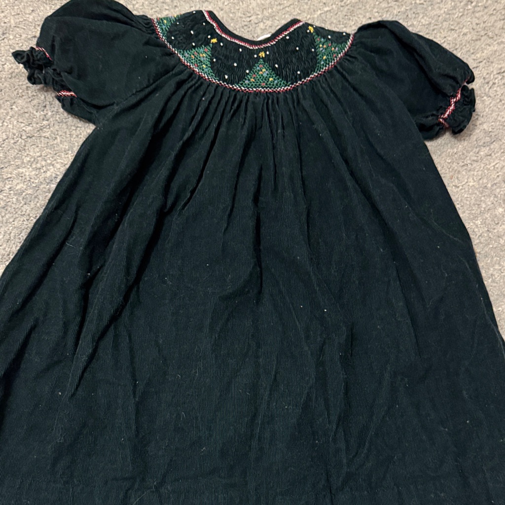 Petit Ami Black Dress Wiith Christmas Tree Smocking